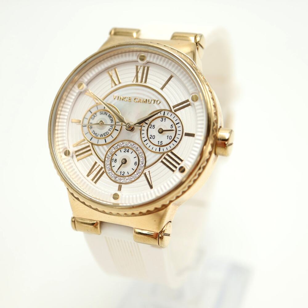 Vince Camuto 38mm MOP Womens Watch Calendar Gold Tone White Silicone New Battery